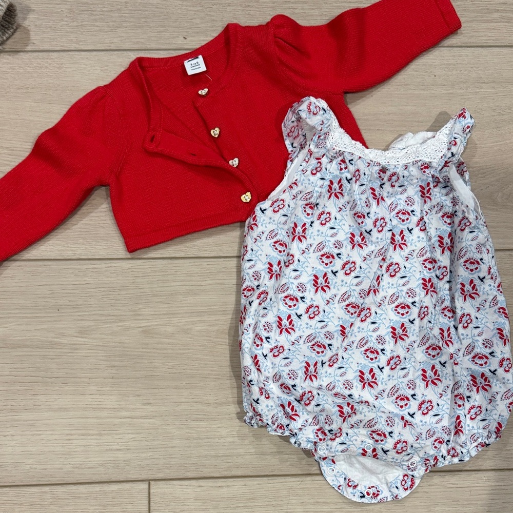 Janie and jack Red Cardigan and Floral Romper Set